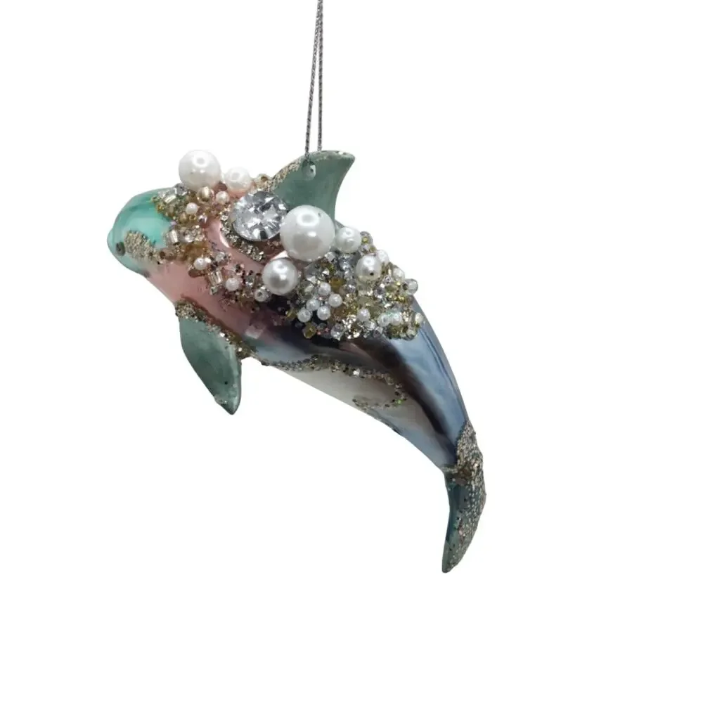 Dolphin Christmas Ornament Blue Glass Nautical Ocean Seaside Jeweled‎