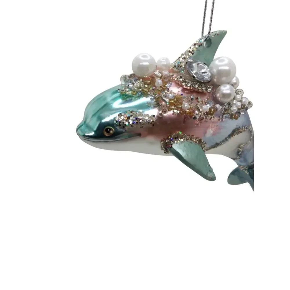 Dolphin Christmas Ornament Blue Glass Nautical Ocean Seaside Jeweled‎