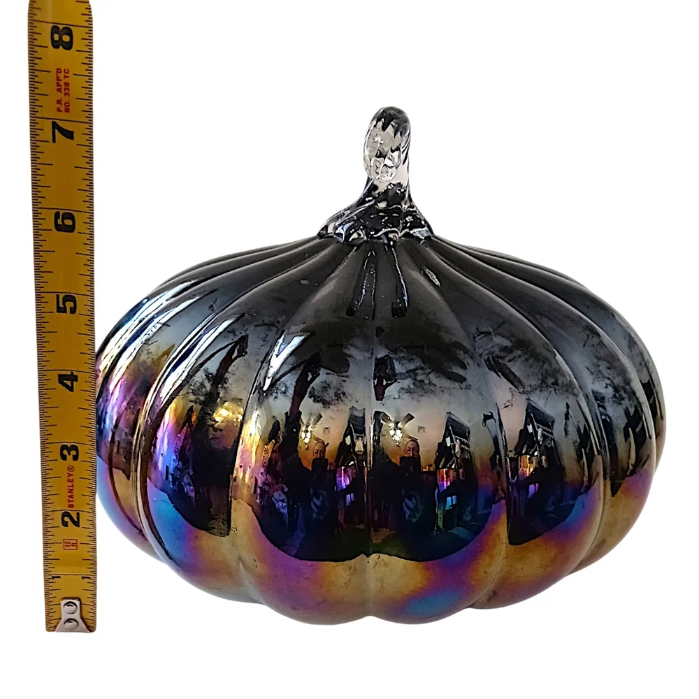 Glass Iridescent Halloween Pumpkin Carnival Hand Blown Stem Purple Black Harvest