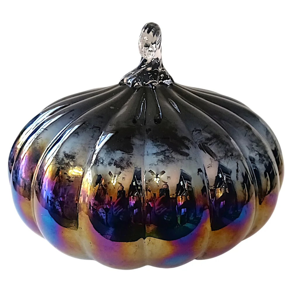 Glass Iridescent Halloween Pumpkin Carnival Hand Blown Stem Purple Black Harvest
