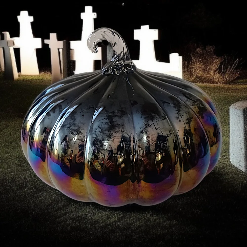 Glass Iridescent Halloween Pumpkin Carnival Hand Blown Stem Purple Black Harvest