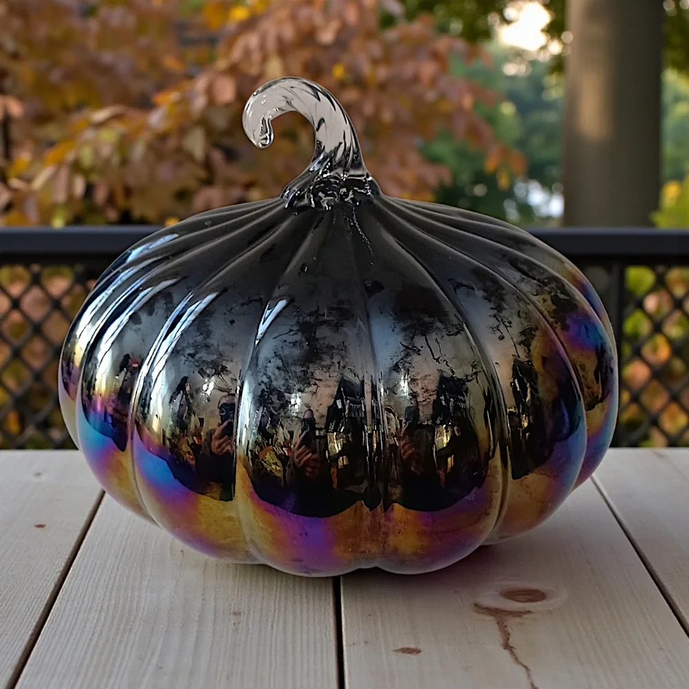 Glass Iridescent Halloween Pumpkin Carnival Hand Blown Stem Purple Black Harvest