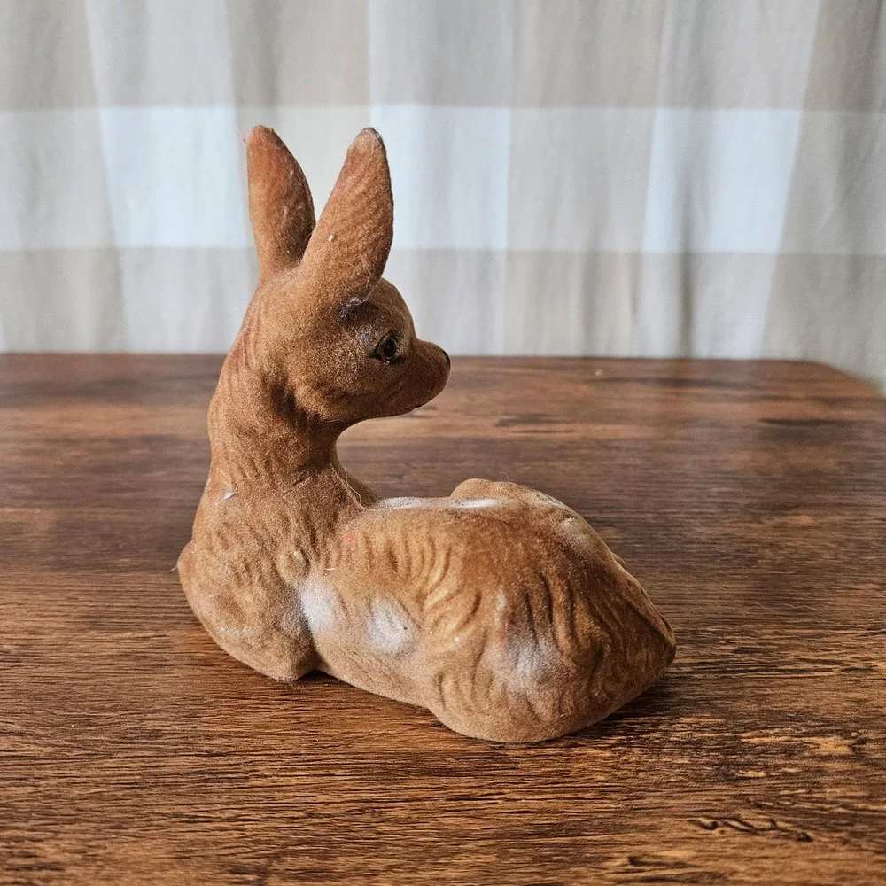 Vintage Flocked Deer Fawn Figurine Brown Spotted Woodland Easter Christmas Decor