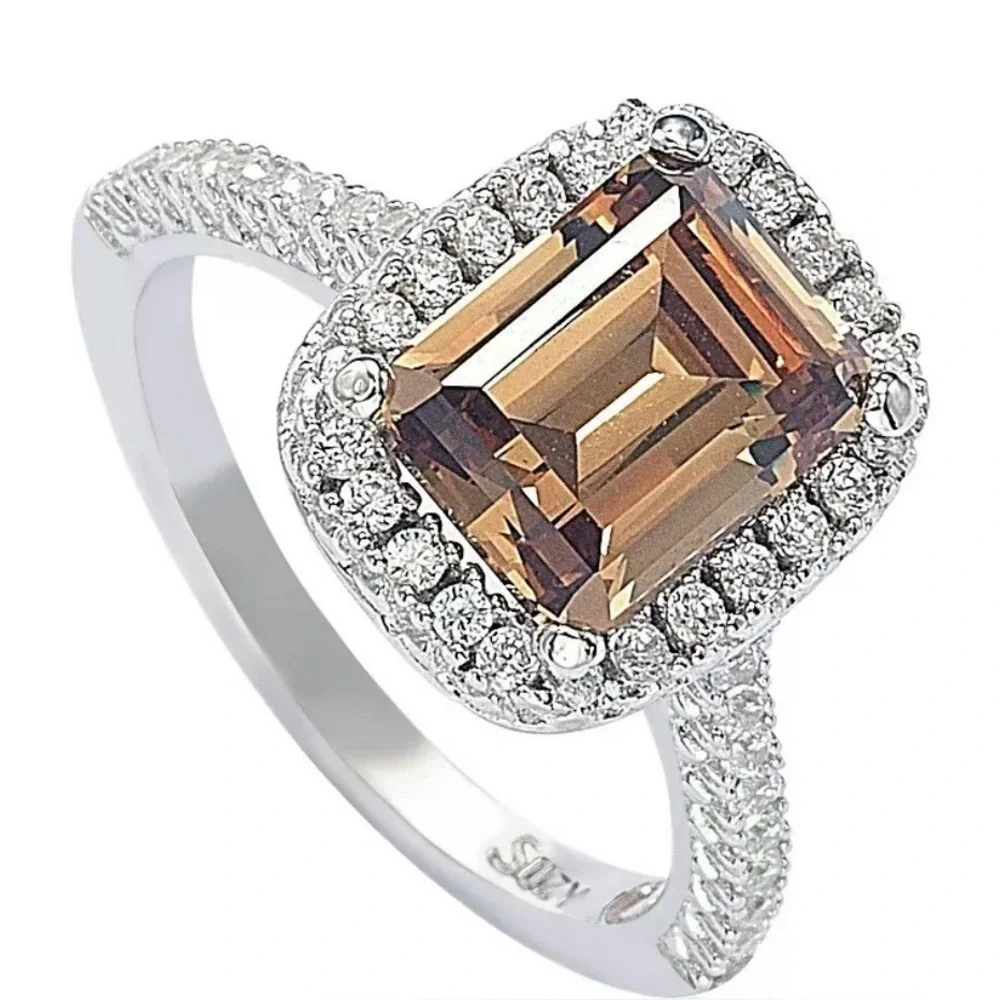 SUZY LEVIAN Sterling Silver Ascher Cut Brown CZ Ring Size 7