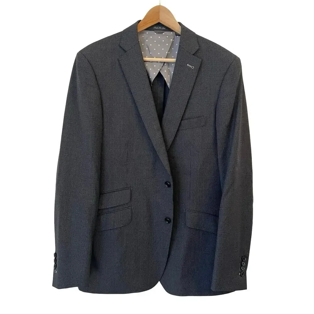 Indochino Mens Blazer‎ Bespoke 43L Wool Stretch Charcoal Pinstripe Surgeon Cuffs