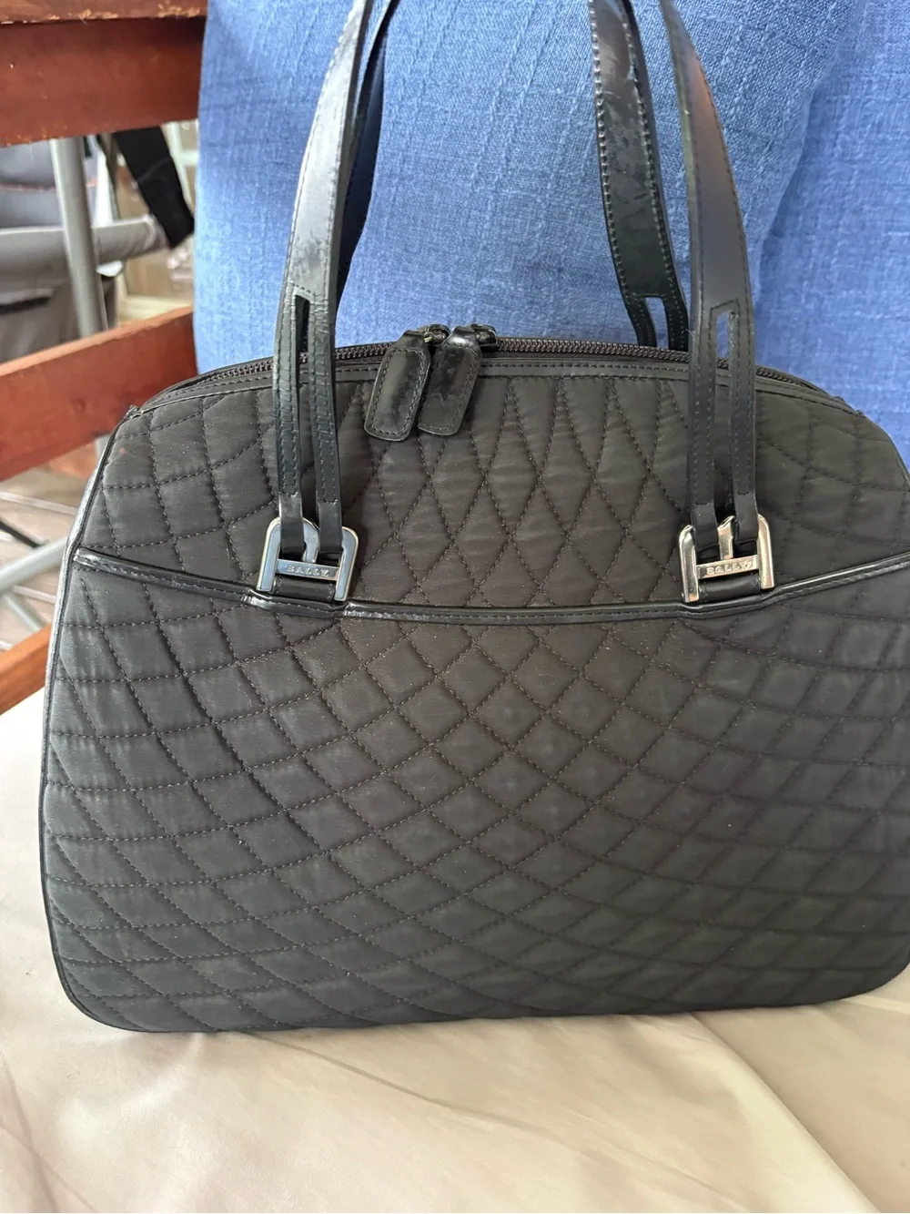 VINTAGE BALLY Black Quilted Nylon Satchel Top Handle Shoulder Bag Leather Trim