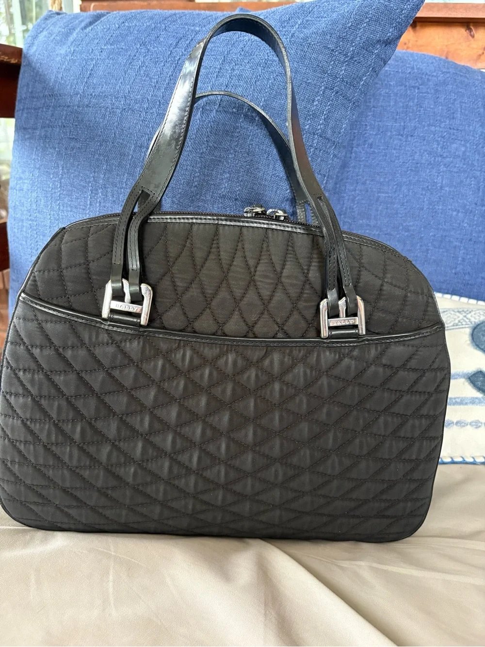 VINTAGE BALLY Black Quilted Nylon Satchel Top Handle Shoulder Bag Leather Trim