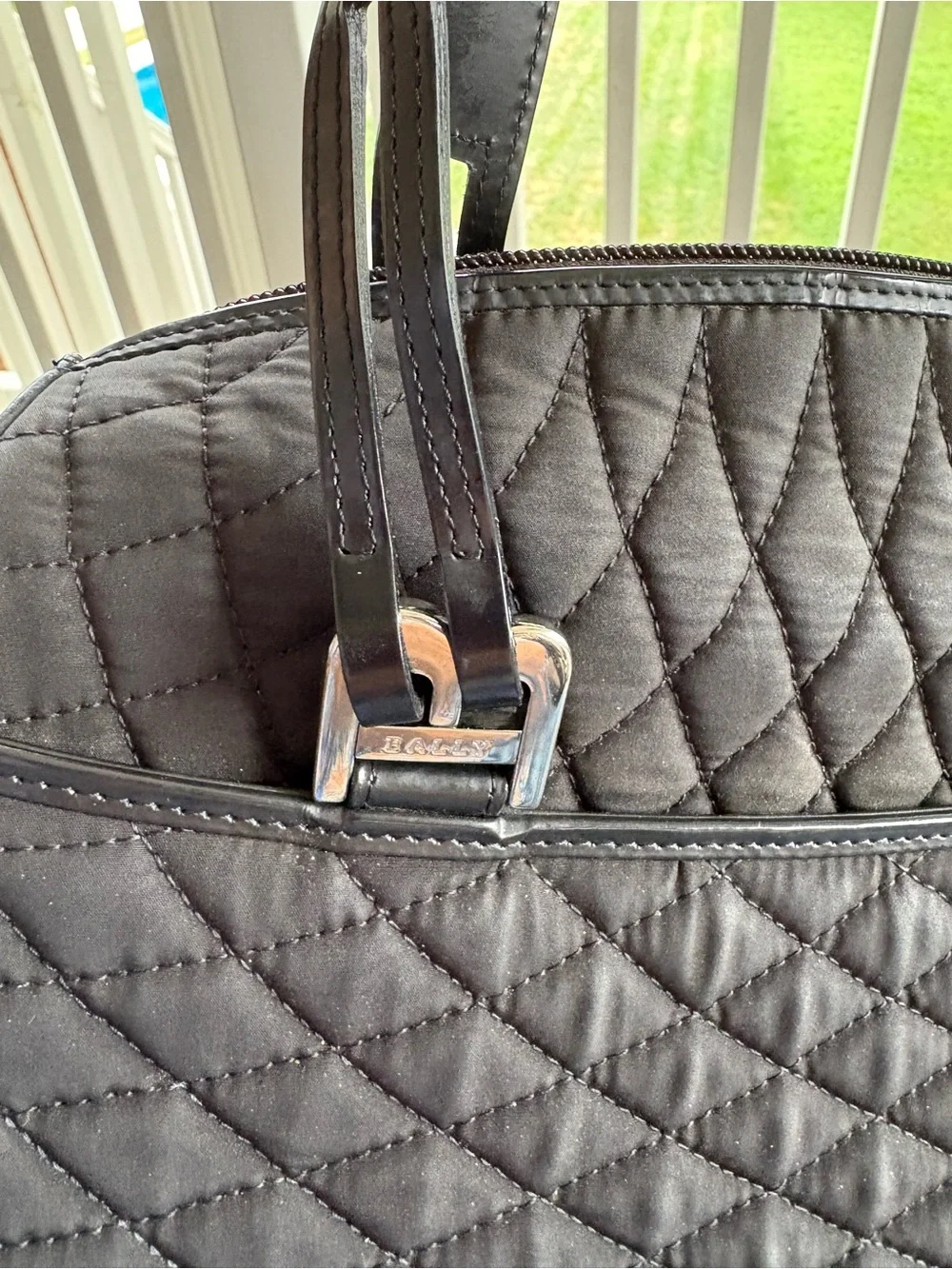 VINTAGE BALLY Black Quilted Nylon Satchel Top Handle Shoulder Bag Leather Trim