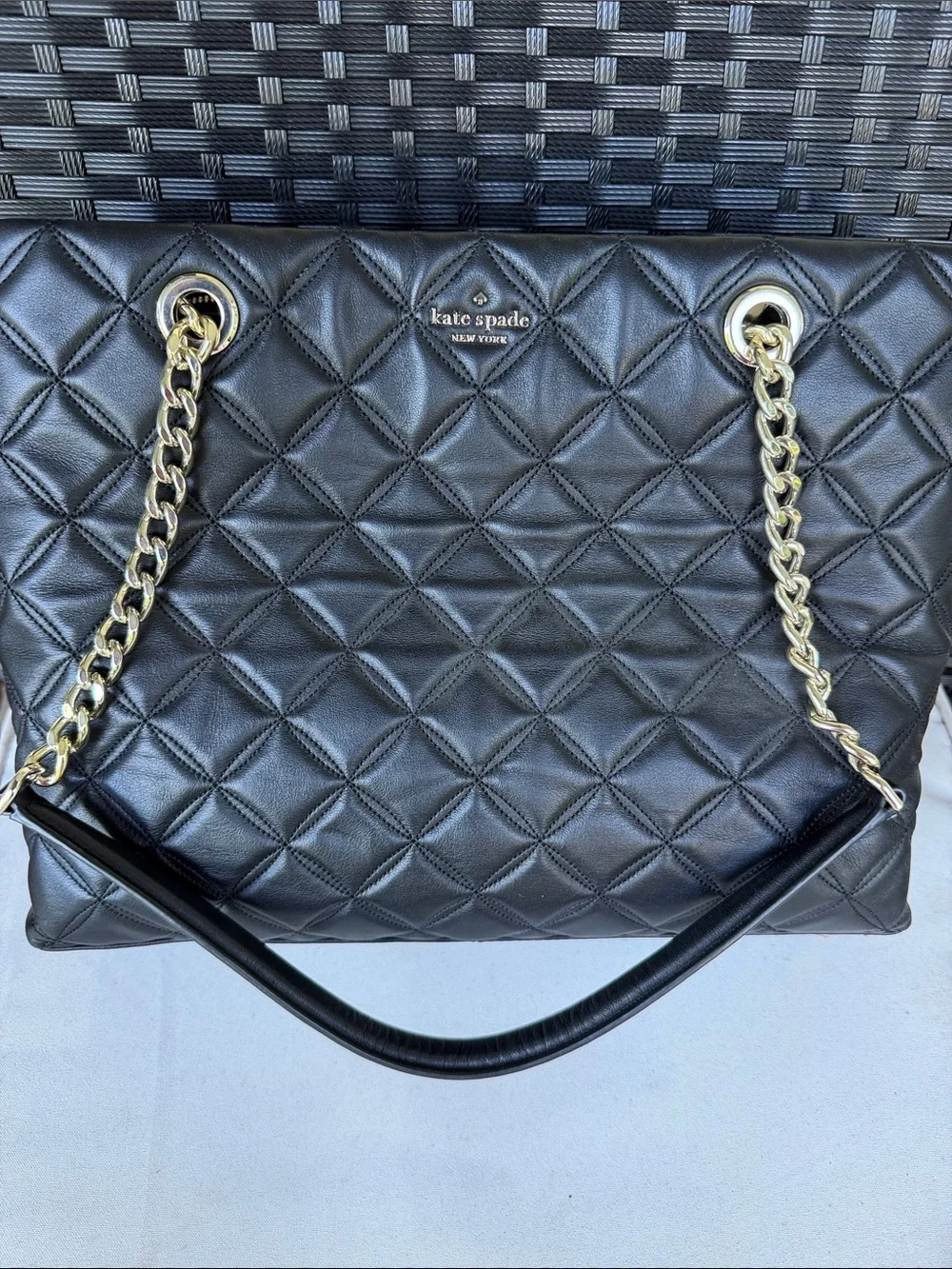 kate spade Black Quilted Leather Tote with Gold Chain Straps