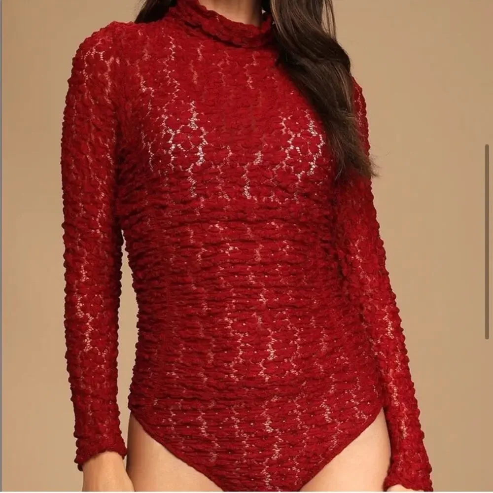Intimately Free People Day N Night holly berry red lace bodysuit size Small NWT