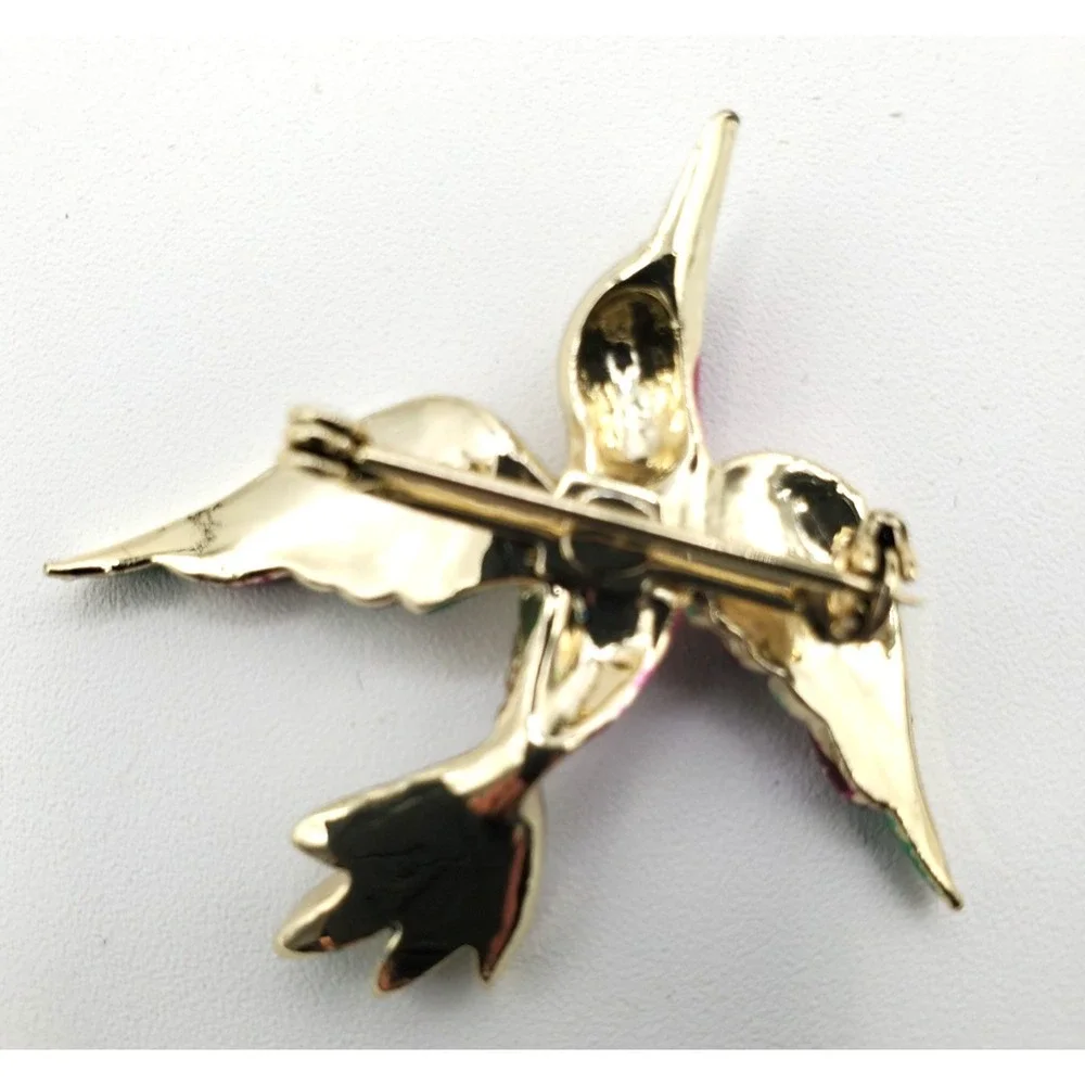 Vintage Pink Green Enamel Hummingbird w Green Eye Brooch Pin