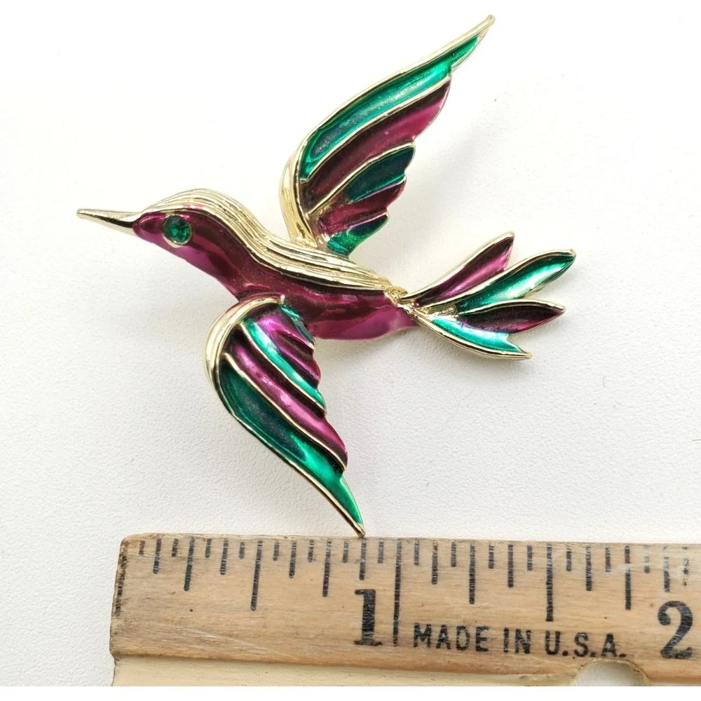 Vintage Pink Green Enamel Hummingbird w Green Eye Brooch Pin