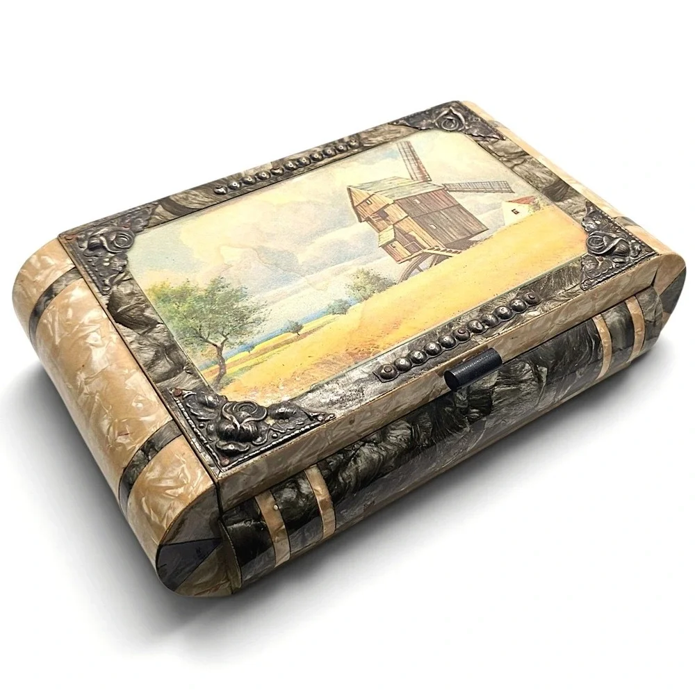 Vintage‎ Musical Jewelry Box Windmill Scene Pearlized Finish - READ DESC