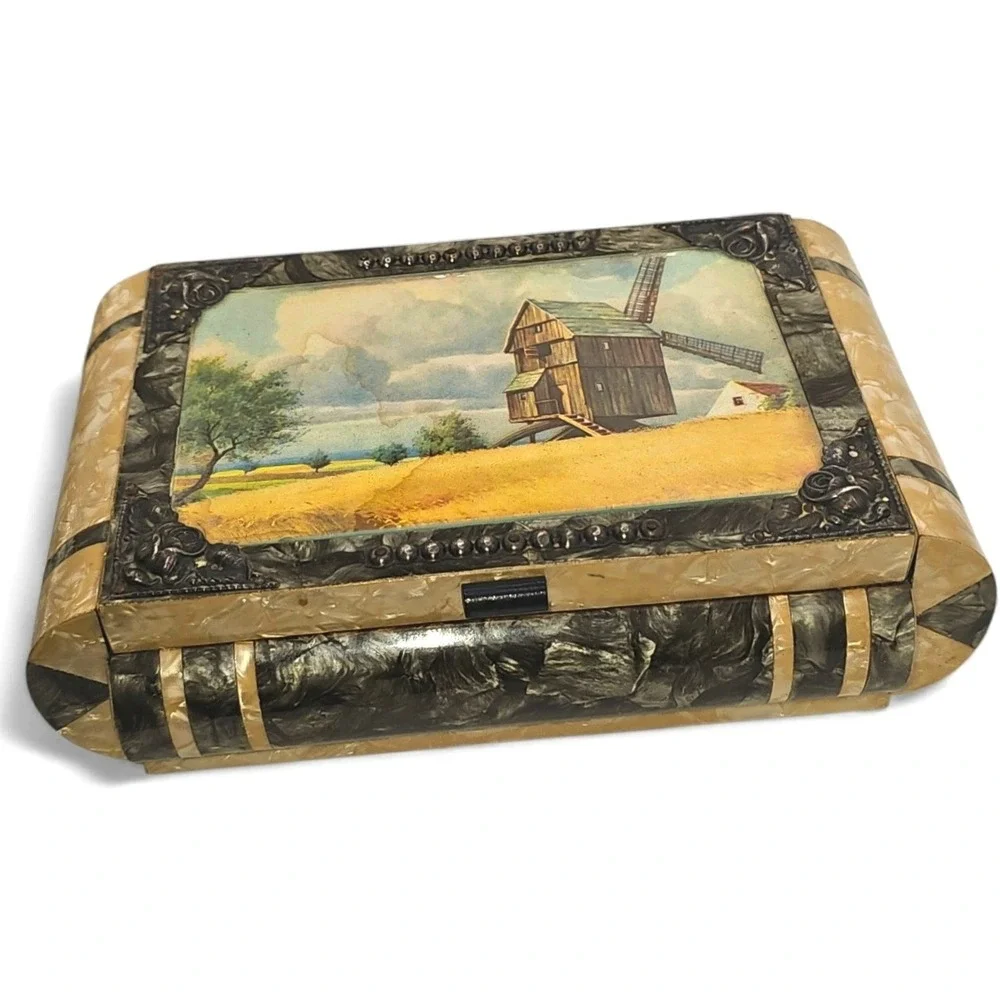 Vintage‎ Musical Jewelry Box Windmill Scene Pearlized Finish - READ DESC