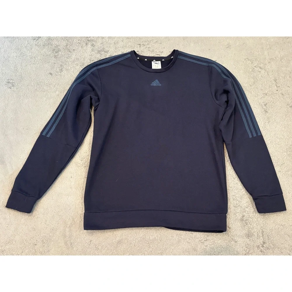 Adidas Mens Navy Blue 3-Stripe Crewneck Sweatshirt Recycled Polyester Size M