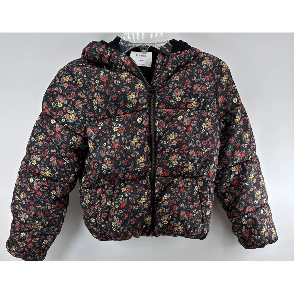 Old Navy‎ Black Floral Cropped Puffer Jacket Girls Size L (10-12)