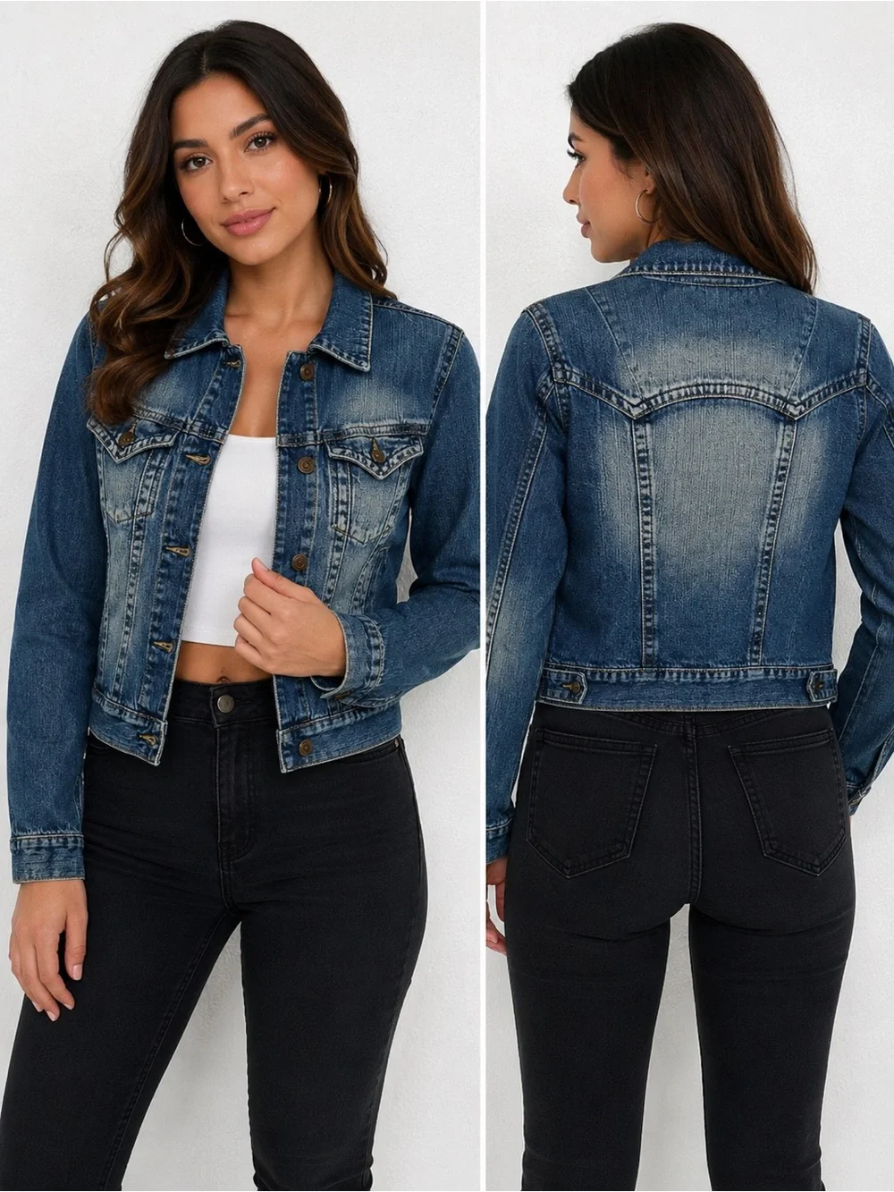 Tayssir Jeans Denim Jacket Women’s Size S Blue 100% Cotton Button Front Trucker