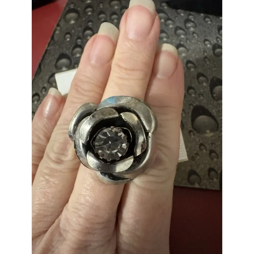 NEW Black Dark Silvertone W CZ Rose Flower Adjustable Fashion Ring Women O/S