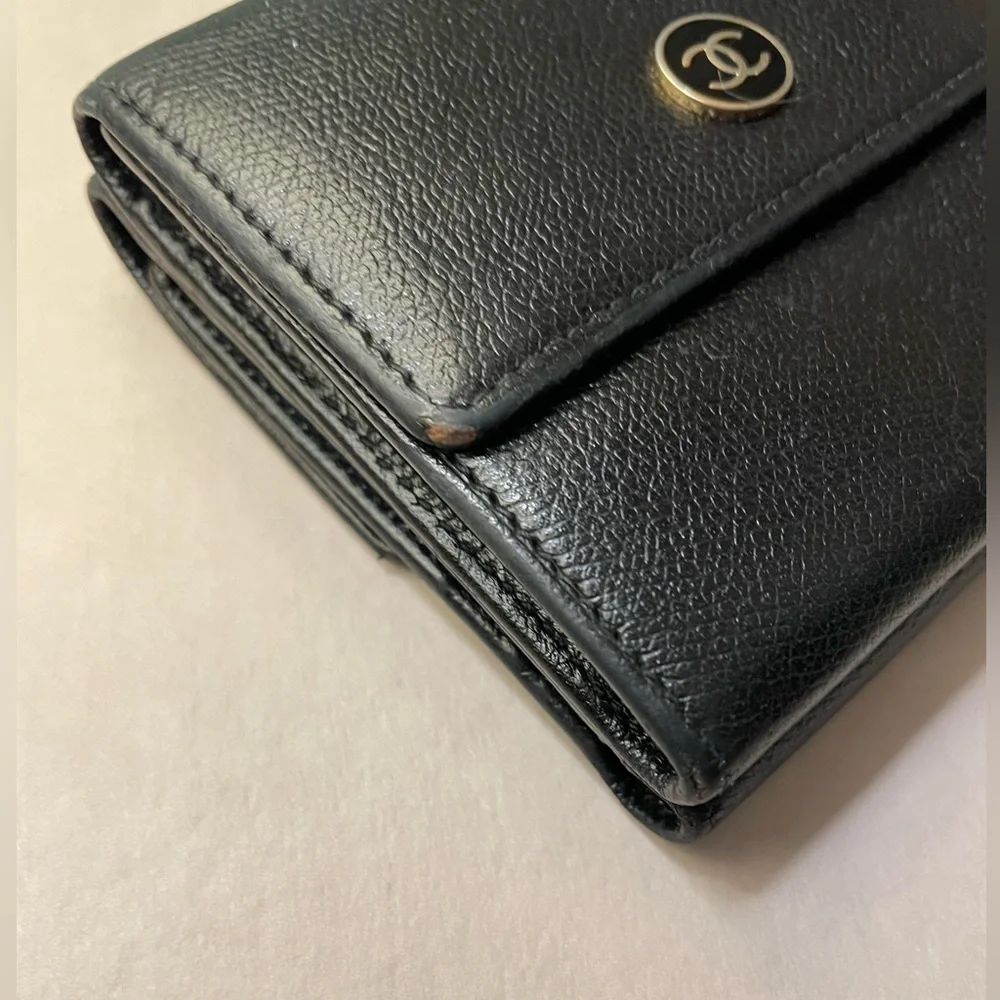 CHANEL COCO Button W Hook Wallet Black Leather Trifold