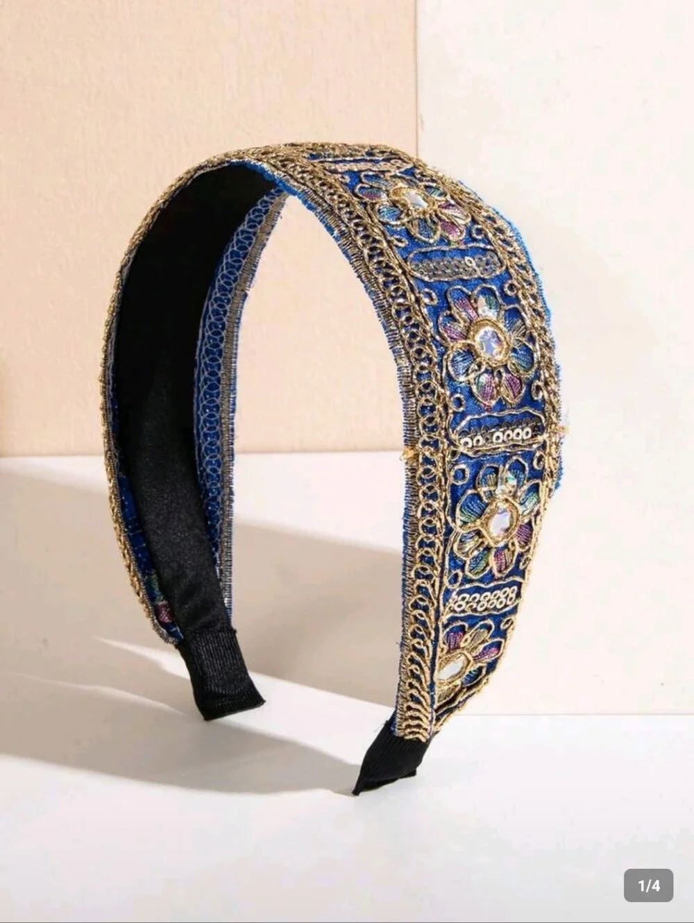 Boho Blue Gold Floral Embroidered Headband