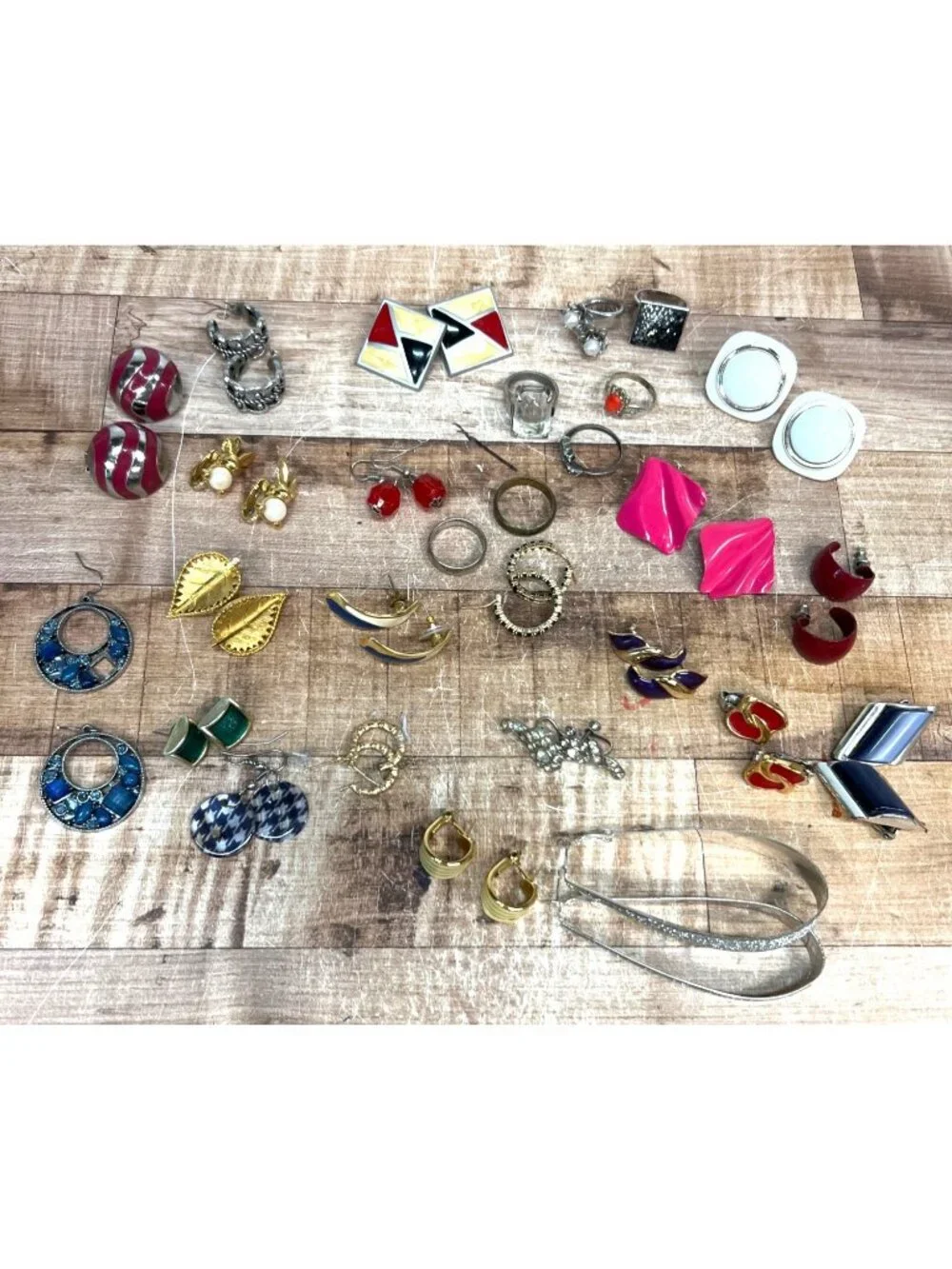 Vintage Statement Jewelry Lot With Earrings Rings & Brooches In Mixed Materials