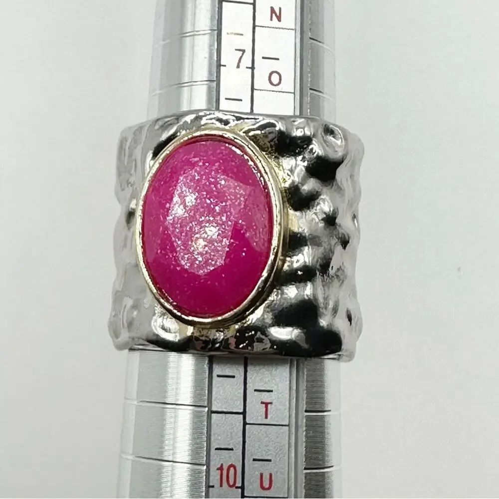 Pink Faceted Ring Hammered Silver Two tone Size 7.5 7 1/2 Costume Jewelry Funky