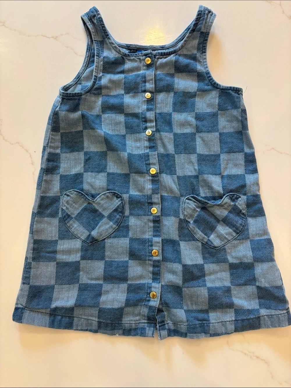 Girls Blue Checkered Button Front Dress with Heart Pockets