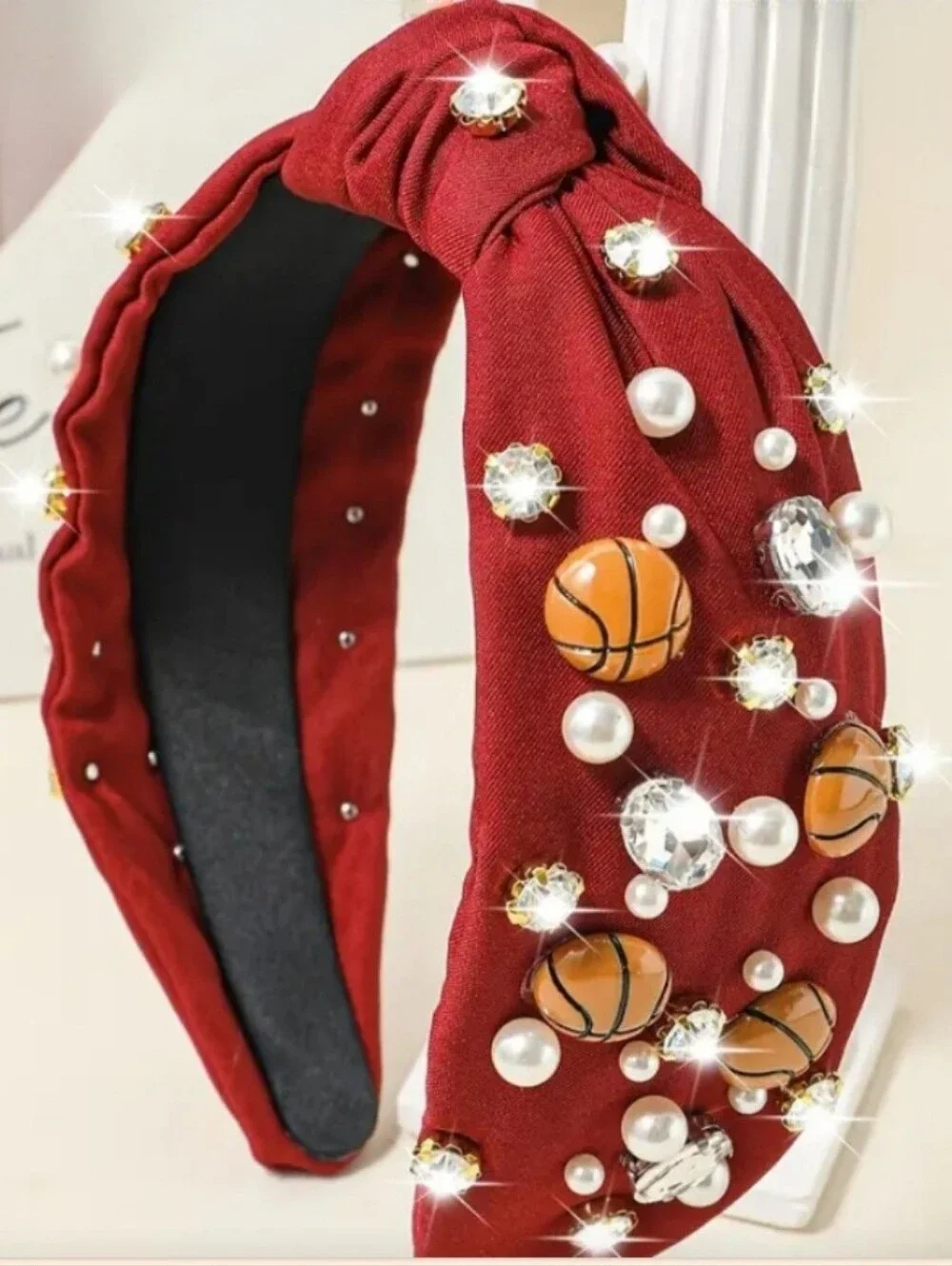 Maroon Embellished Top Knot Headband with Basketball Charms
