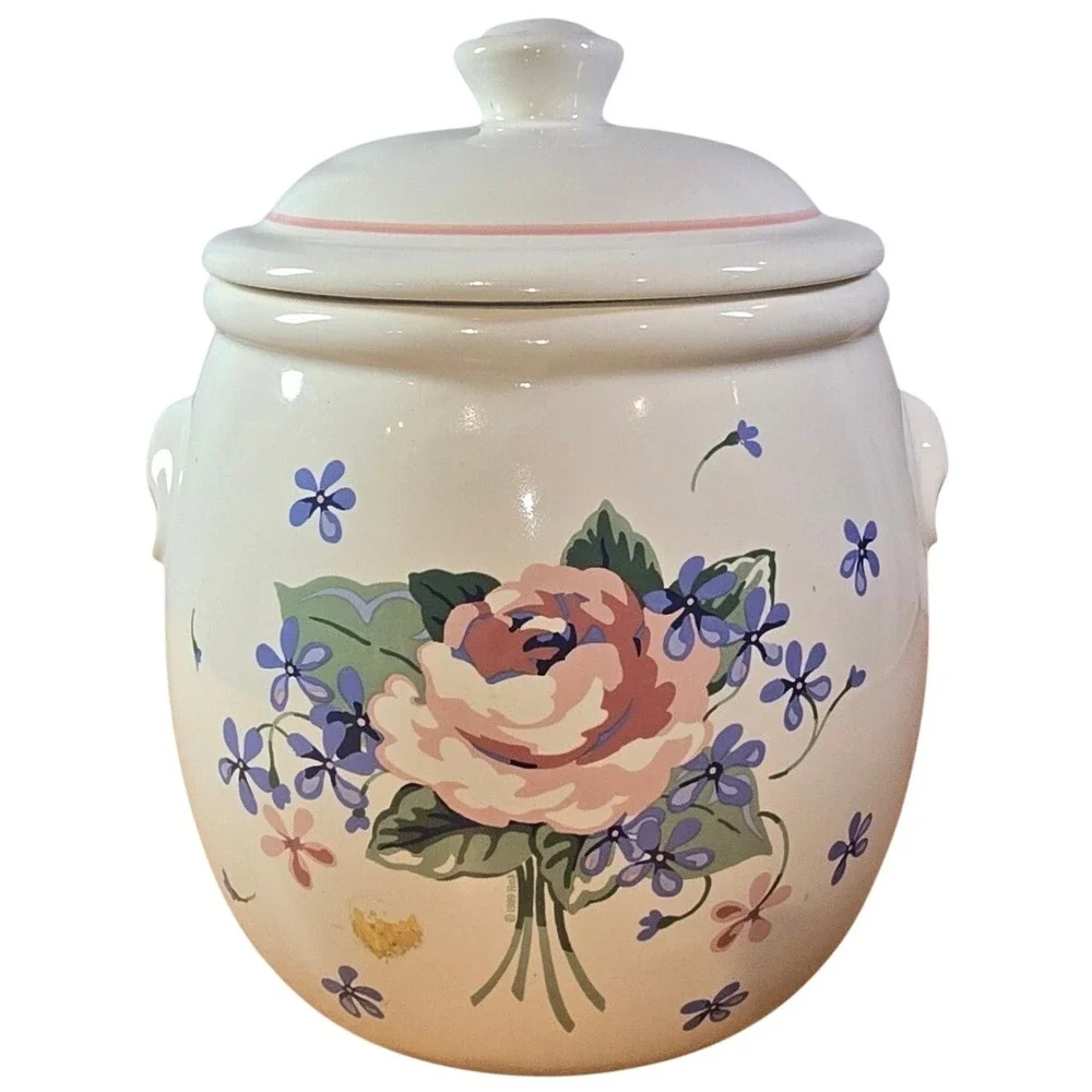 Vintage‎ Pottery/Ceramic Floral Cookie Jar Pink Peony? & blue floral COMPLETE