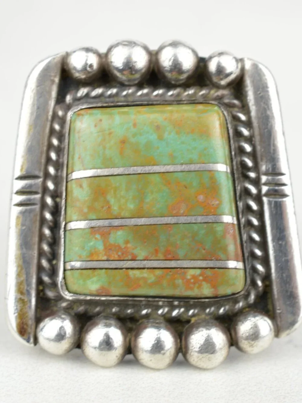 Vintage Navajo Sterling Silver Gaspeite Channel Inlay Ring Sz 14.25 Heavy 19.5g