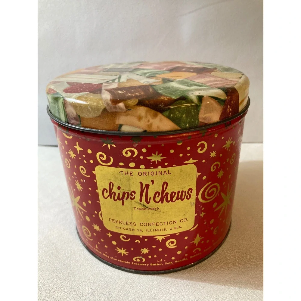 Vintage Peerless Confection Co Chips N Chews Candy Tin Red Starburst Chicago