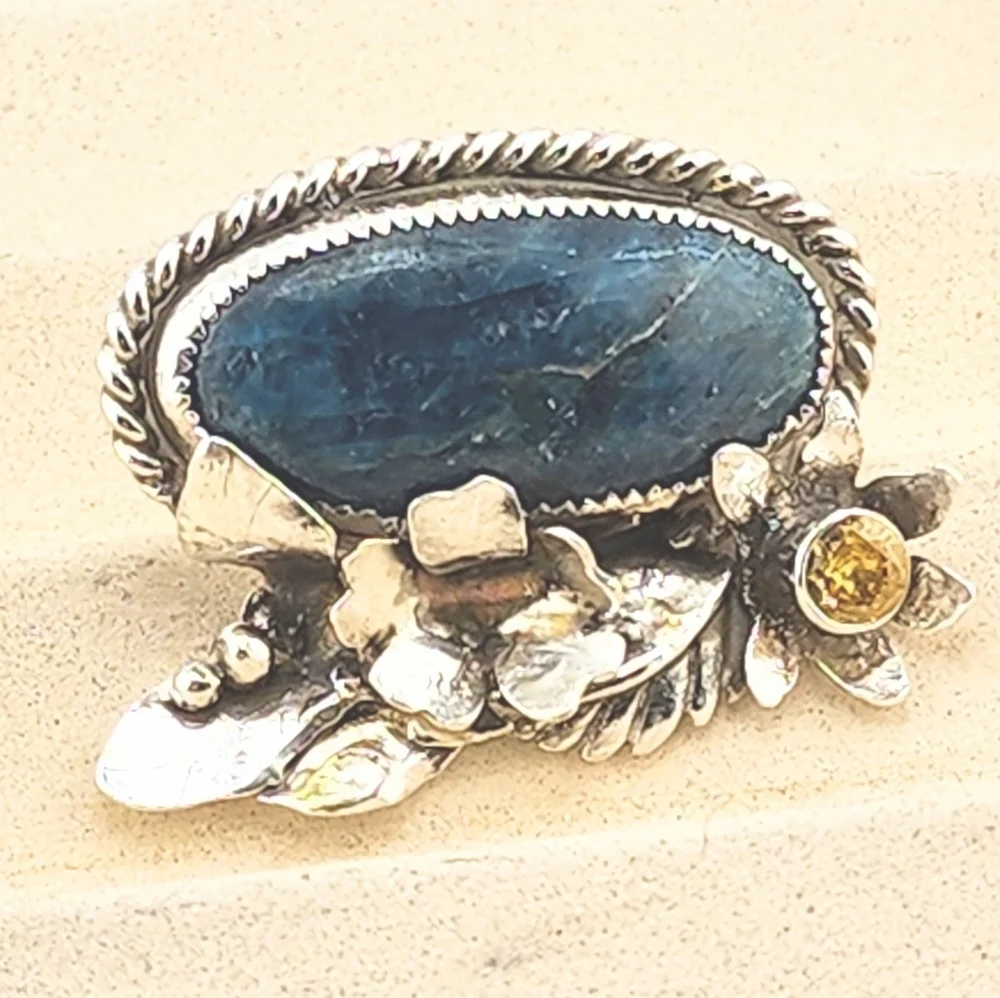 BLUE APATITE & CITRINE FLORAL RING HANDMADE IN RECYCLE STERLING SILVER SZ 8