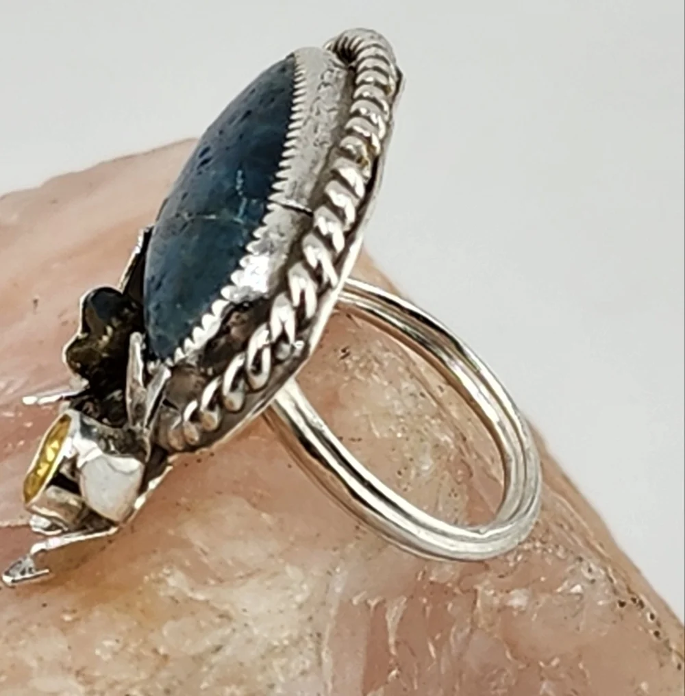 BLUE APATITE & CITRINE FLORAL RING HANDMADE IN RECYCLE STERLING SILVER SZ 8