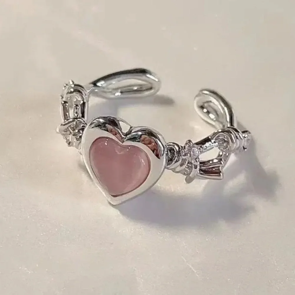 3/$25 Chunky Pink Heart Adjustable Ring Rhinestones Brutalist Whimsigoth