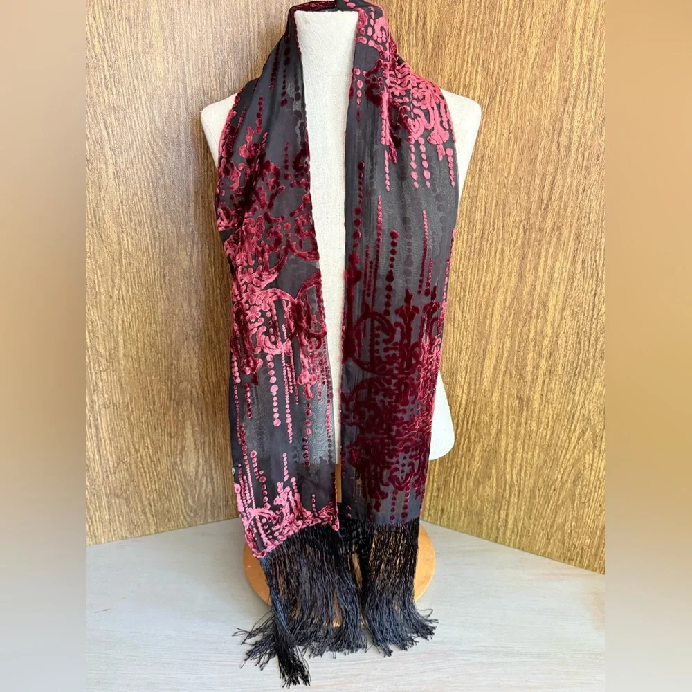 Vintage Burgundy Burnout Velvet Fringe Boho Scarf Art‎ Deco Revival Whimsigoth