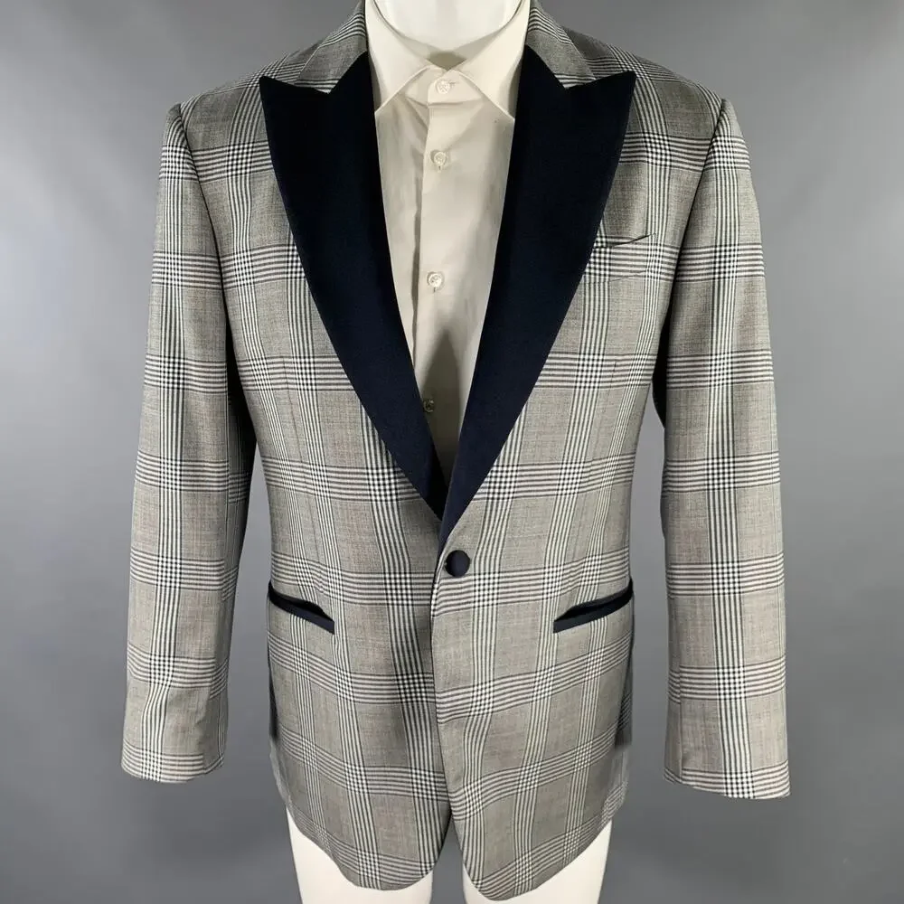 PORTS 1961Size 40 Grey Navy Plaid Wool Peak Lapel Sport Coat