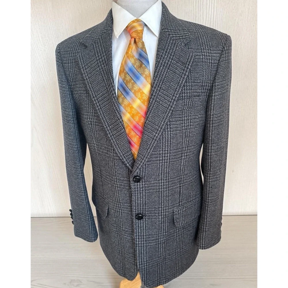 Savile Row Jacket Sz 40R Blue Houndstooth Plaid Wool Flannel Blazer Sport Coat