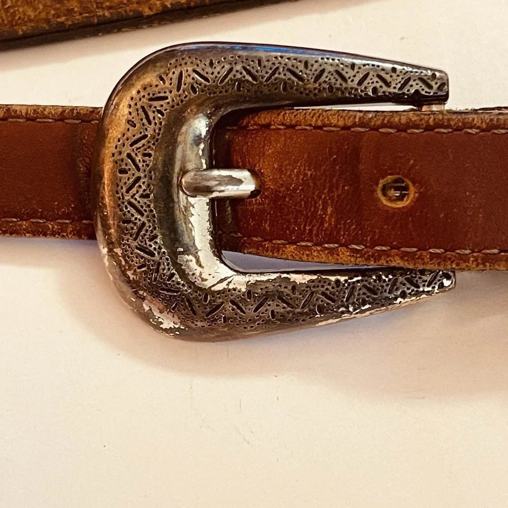 READ Brighton Belt Womens 34‎ Brown Western Tooled Leather Silver Buckle Conchos
