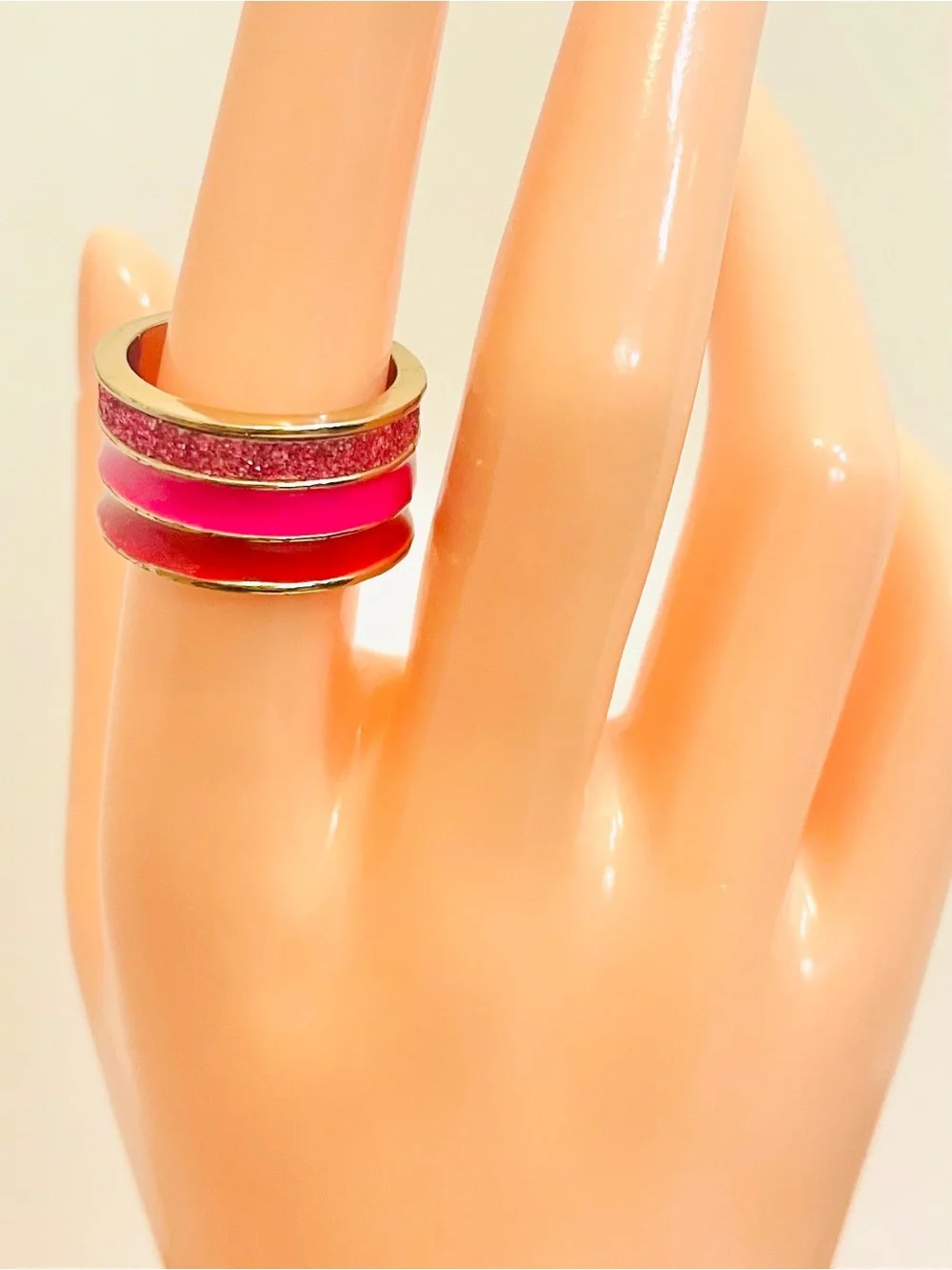 Vintage Triple Stacked Pink Enamel And Glitter Chunky Band Ring