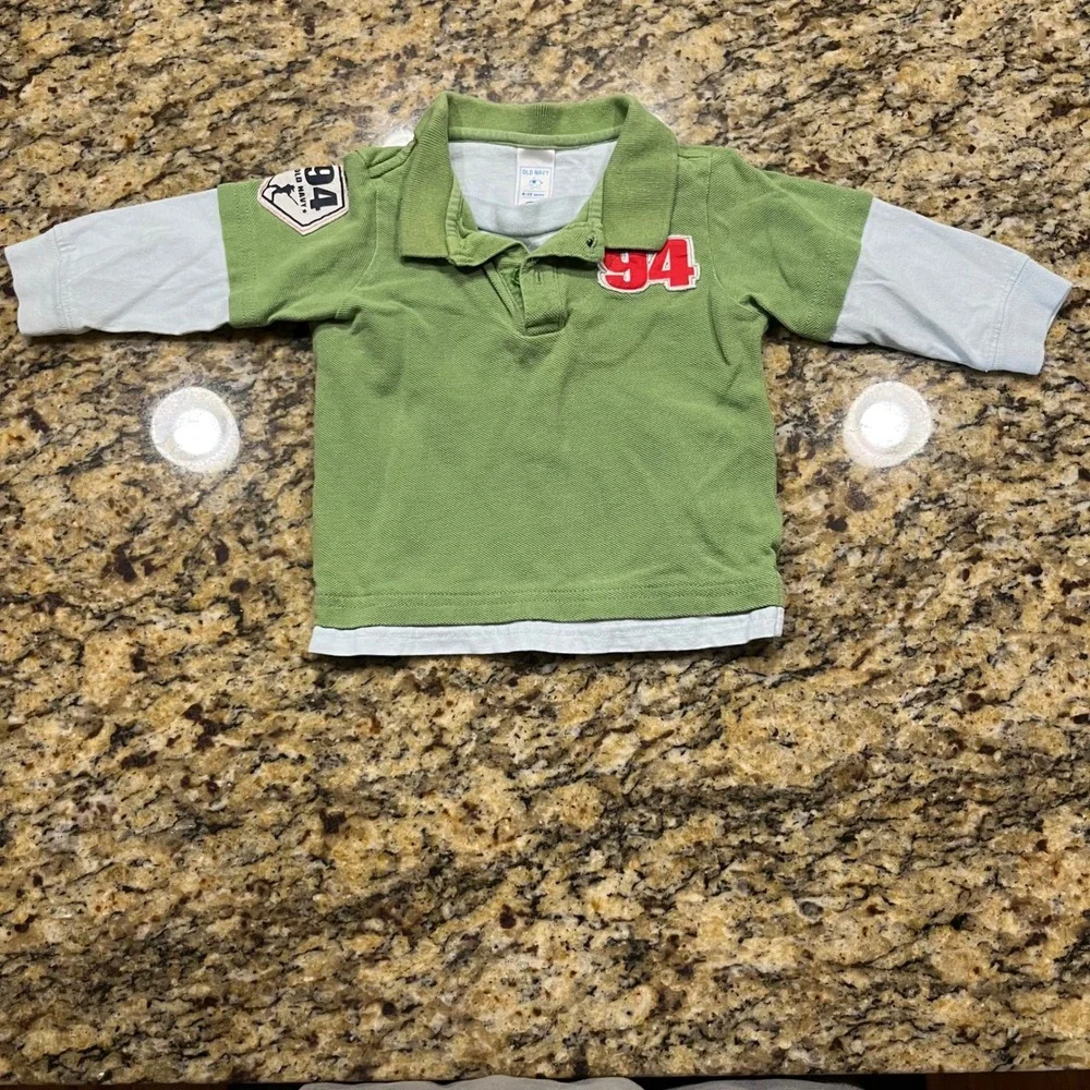 Vintage Old Navy Baby Boys Green Layered Long Sleeve Polo Shirt Varsity 6-12M