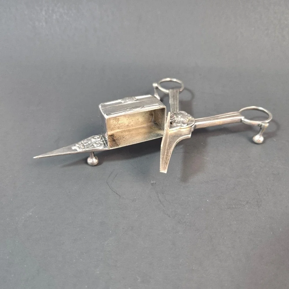 Antique Silver Tone Candle Snuffer Wick Trimmer Scissor Ornate Floral Victorian