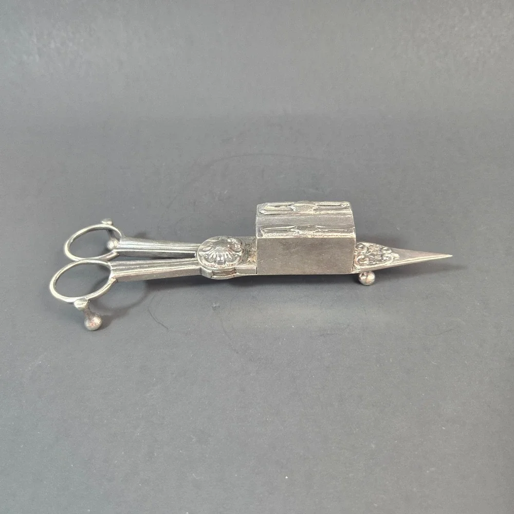 Antique Silver Tone Candle Snuffer Wick Trimmer Scissor Ornate Floral Victorian