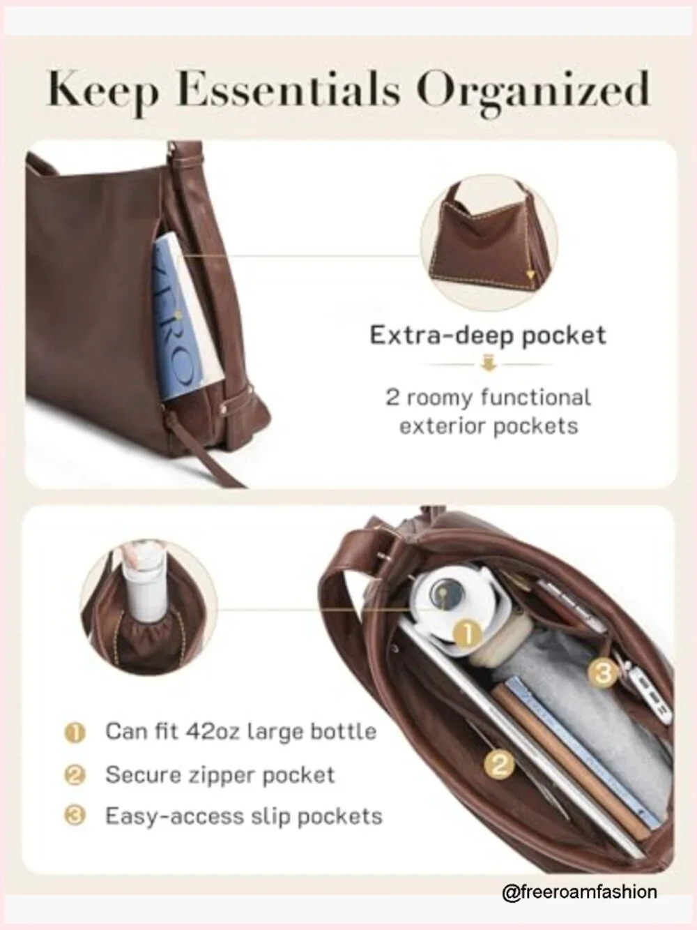 Large Vegan Leather Hobo Bag Shoulder Handbag Crossbody Tote Multi-Pockets