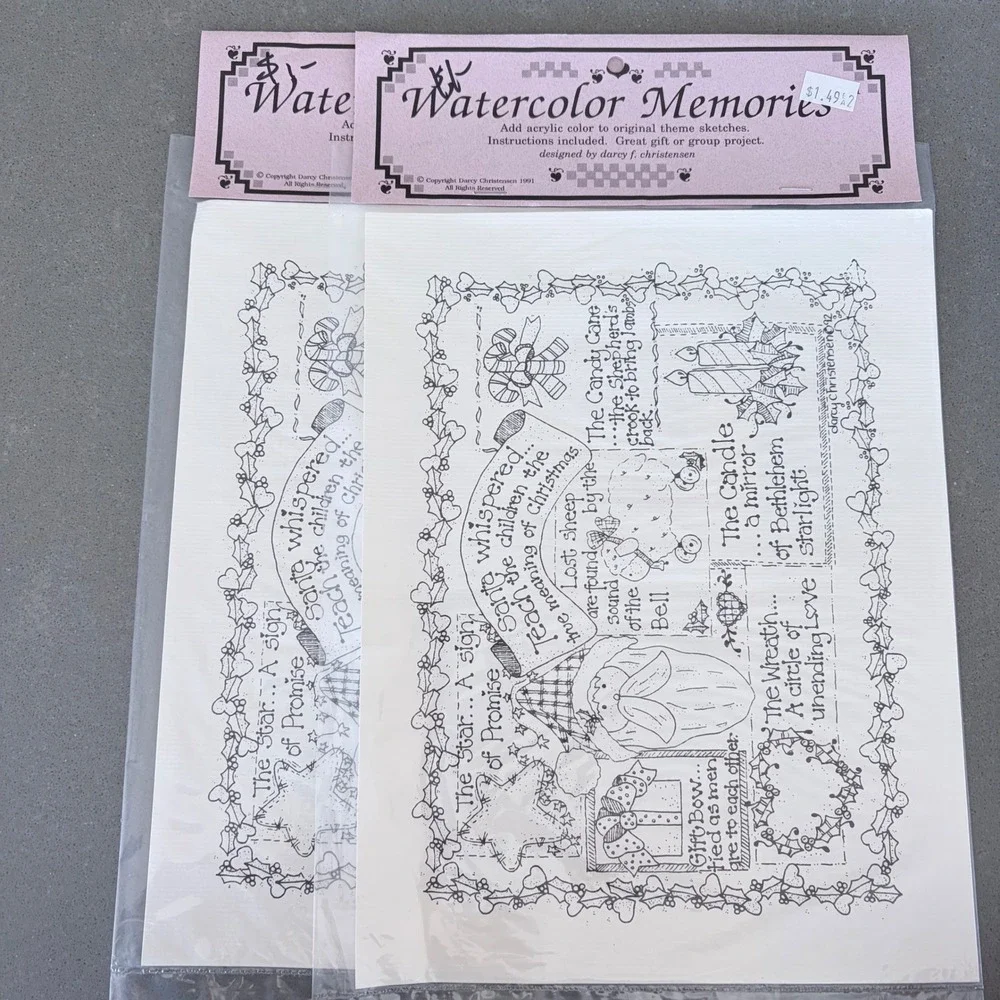 Vintage Watercolor Memories Christmas Sketches Darcy Christensen 1991 Set of 2