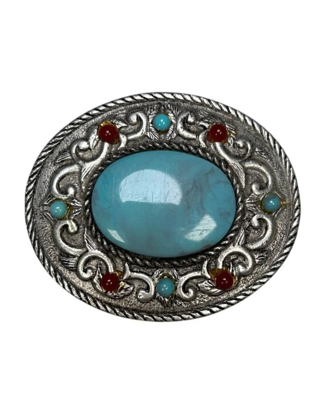VTG Western Silver Tone Metal Belt Buckle Turquoise Coral Color Detail