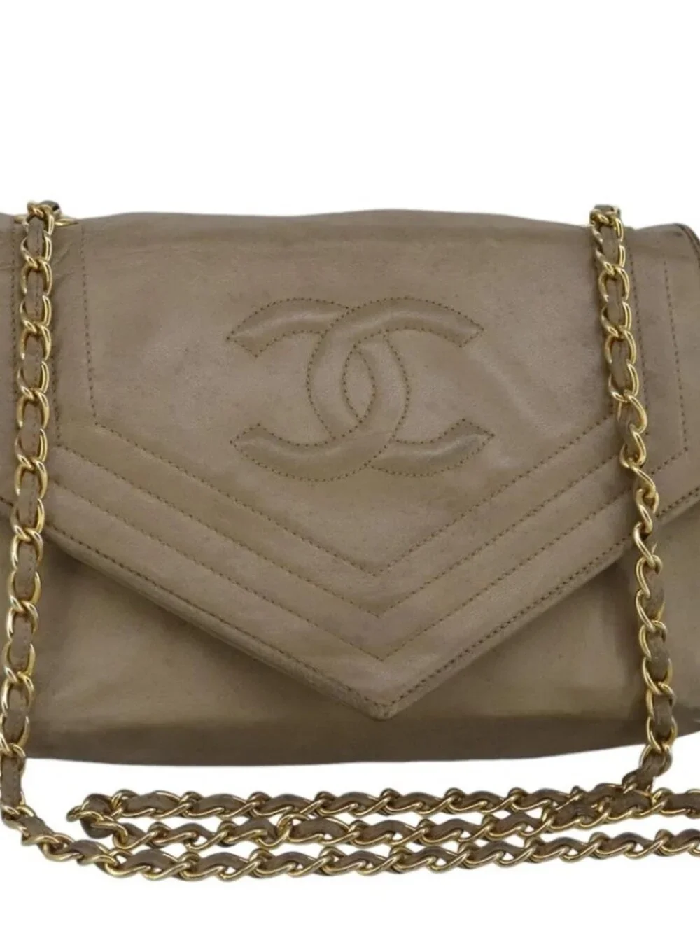 CHANEL Chain Shoulder Bag Lamb Skin Beige Gold CC Auth bs19652