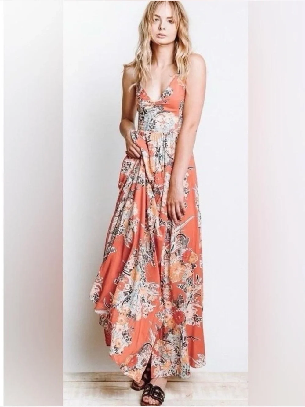 Free People Through The Vine Feminine Mixed Floral Print Flowy Maxi Dress• Small