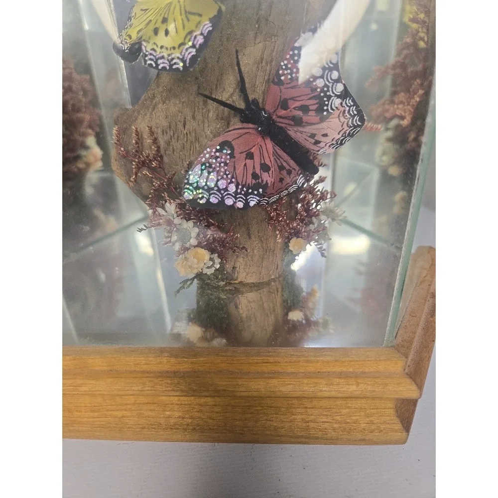 Vintage Glass & Wood Hexagonal Butterfly Taxidermy Diorama Display Yellow Pink
