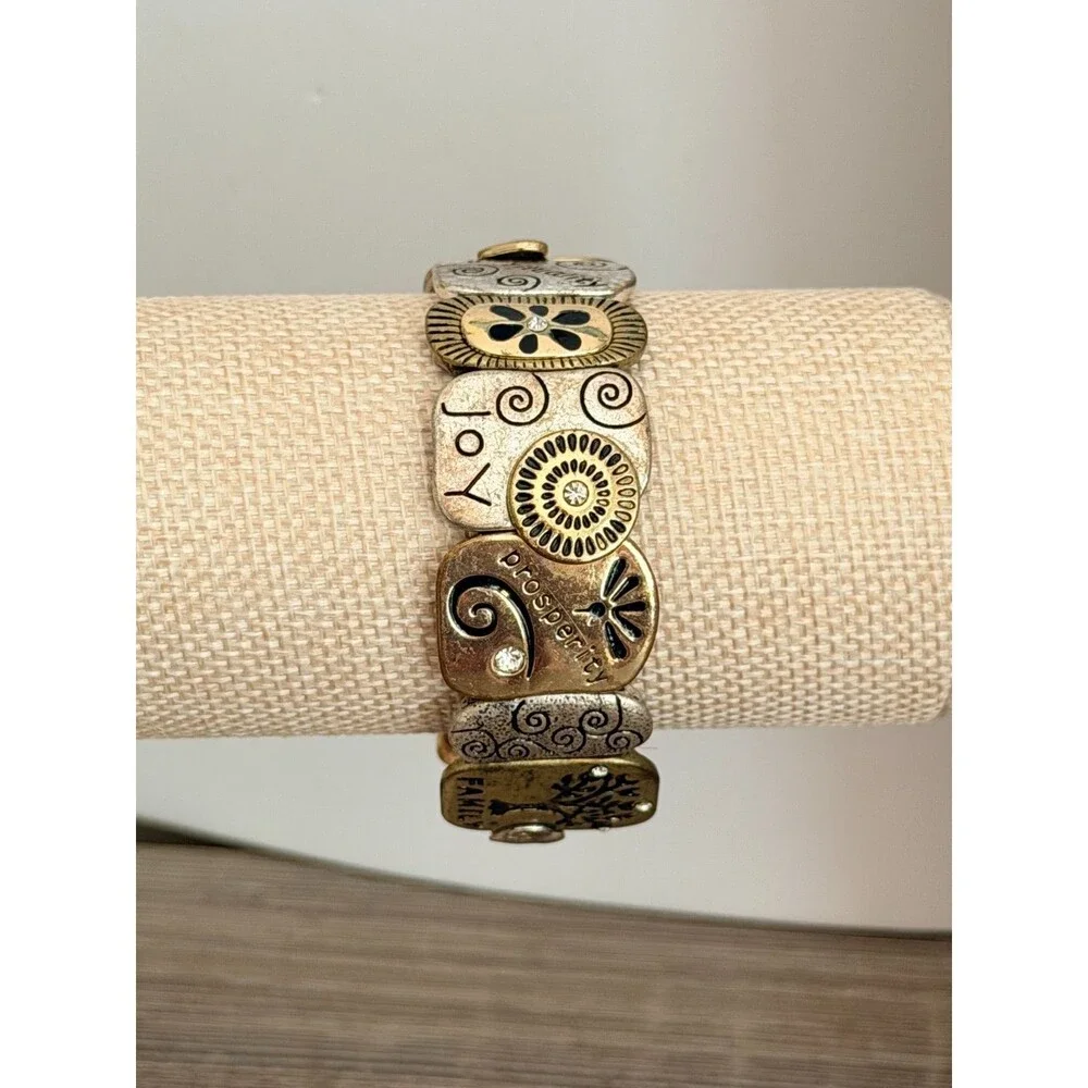 Vintage Family Tree Love Mixed Metal Stretch Panel Bracelet NWT