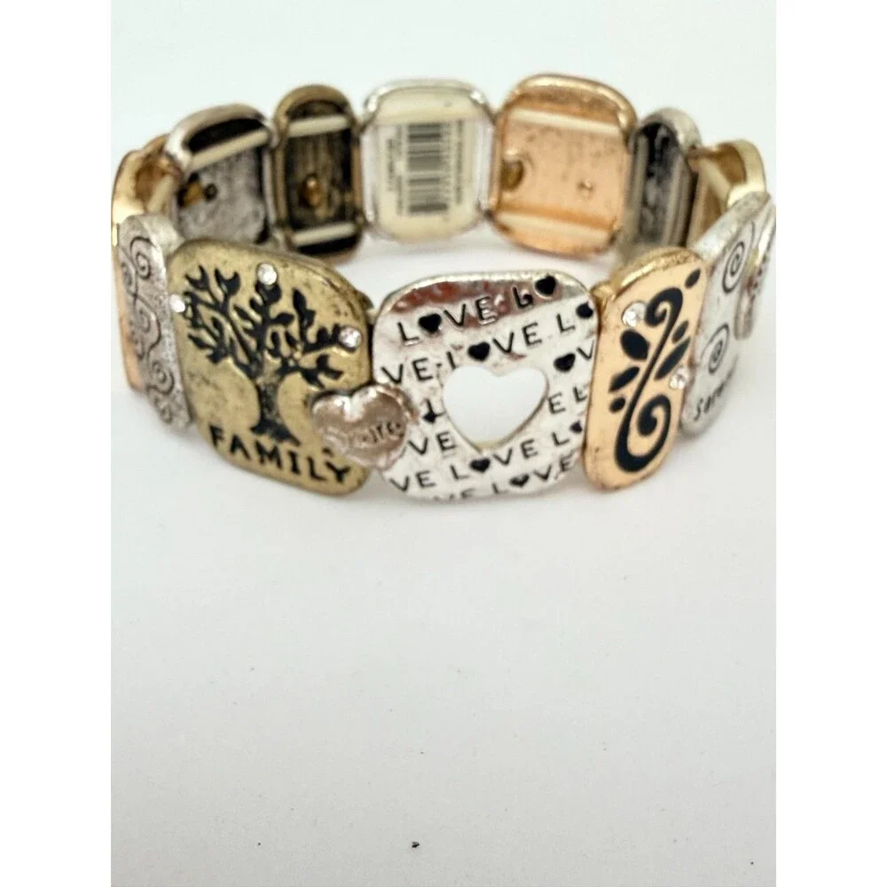 Vintage Family Tree Love Mixed Metal Stretch Panel Bracelet NWT